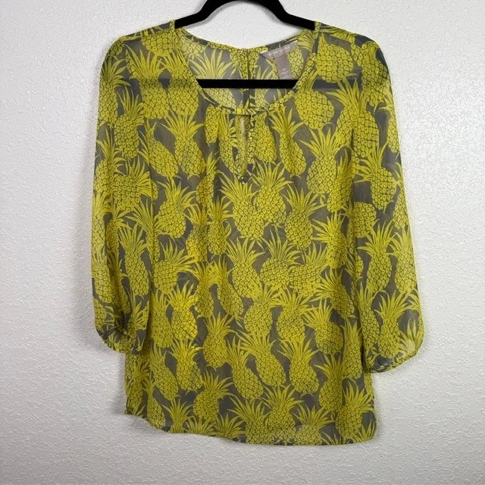 Banana Republic Pineapple Print Blouse Keyhole Top Sheer Yellow Medium